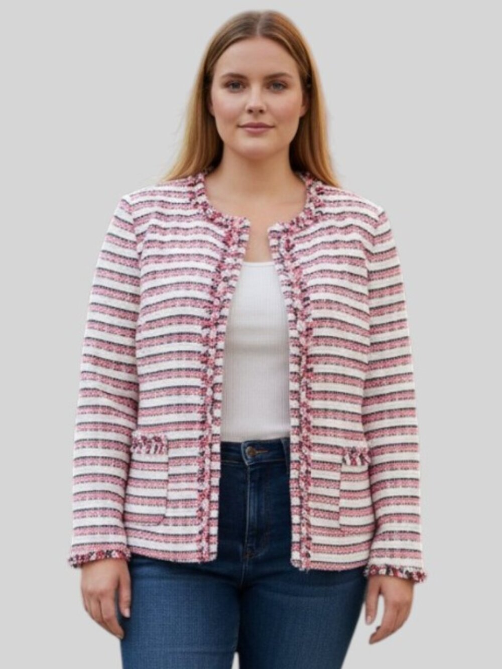 Talbots White Pink Black Striped Tweed Fringe Zip-Front Blazer Jacket Plus 24W
